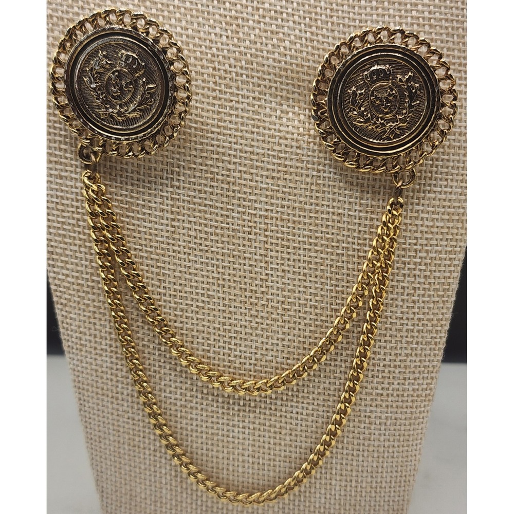 Vintage Gold Tone Heraldic Crest Collar Chain Brooch Crown Fleur De Lis Pin